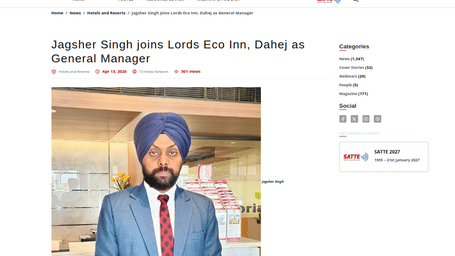 An article by Travel Trends Today showcasing, Jagsher Singh joins Lords Eco Inn Dahej as General Manager