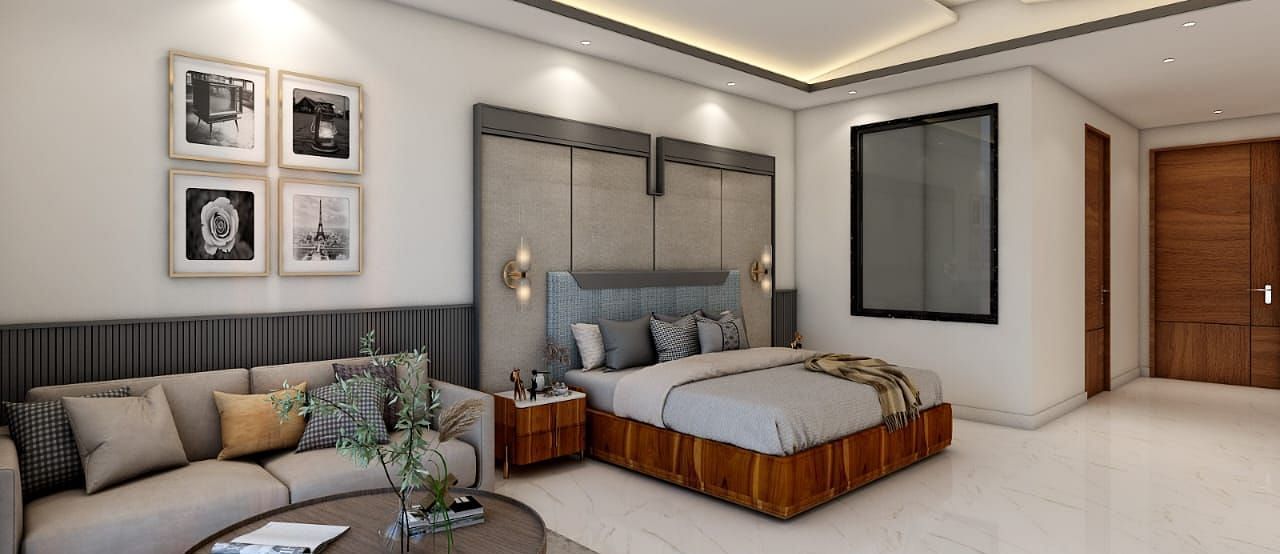 A spacious room featuring a double bed alongside a common seating area. - Namaste Corbett