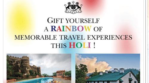 A newspaper advertisement grid showcasing four diverse destination properties by Neemrana Hotels.