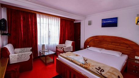 Hotel bedroom featuring a double bed, red carpet, white walls, and a small sitting area with patterned chairs at Hotel Dolphin Darjeeling.