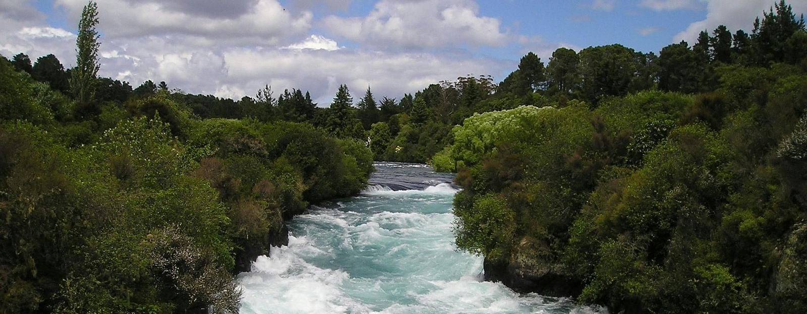 image of a river with strong currents flowing with lush greenery on either sides of the river bank