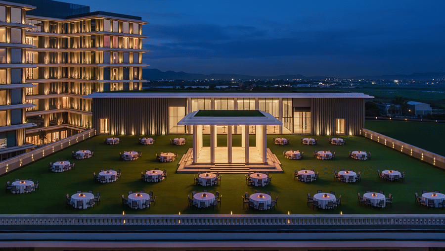 Rooftop Mandapam at dusk with candlelit round tables on green turf around a lit pillared pavilion, backed by the hotel block, at The Residency Signature Madurai.