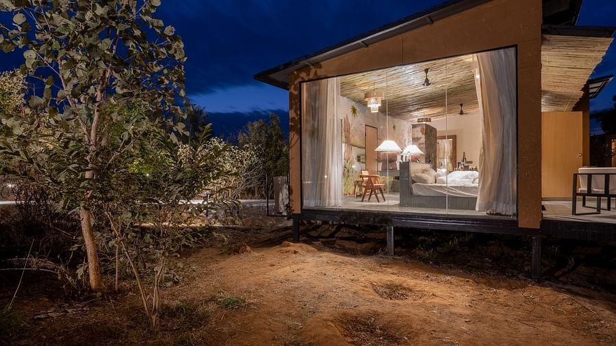 A facade image of a room with bright lighting and a tree outside it - Utsav Camp Sariska