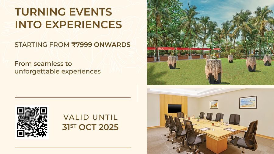 Promotional flyer for The Resort Mumbai's - Turning Events into Experiences offer featuring meeting spaces, outdoor lawn, rooms, and validity till 31st Oct 2025.