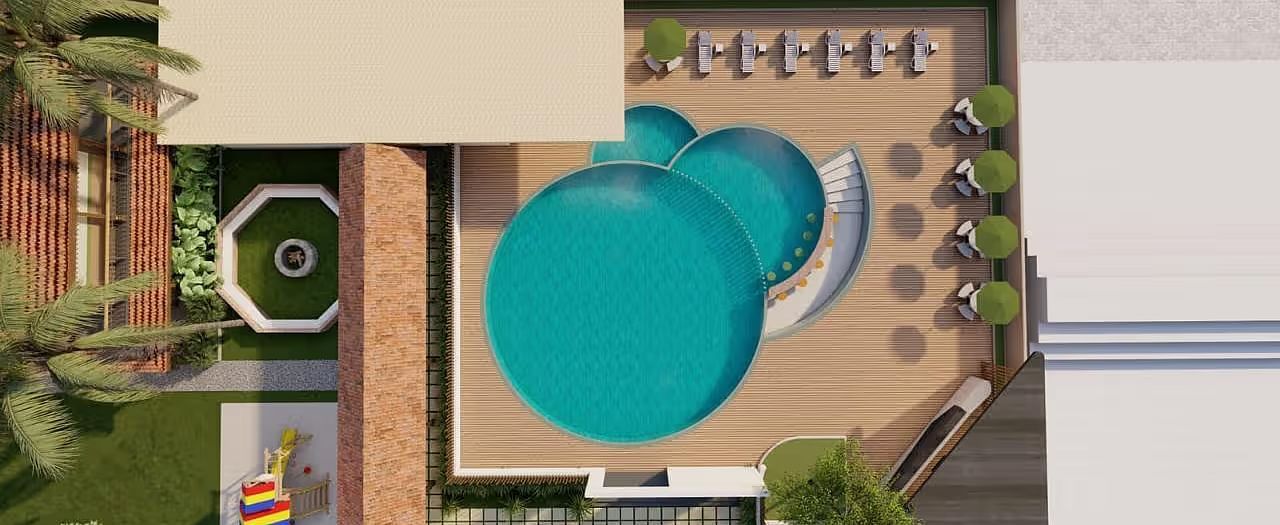 An aerial view of a resort layout, featuring a pool, buildings, and landscaping elements.| Ayana Resorts & Convention, Hyderabad