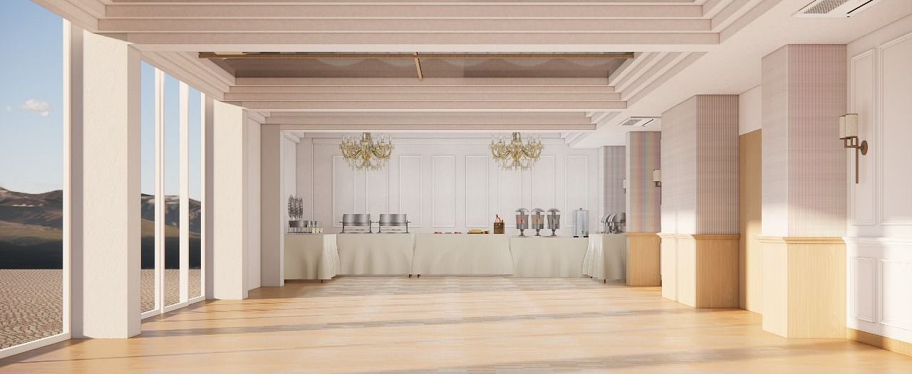 Spacious indoor hall with wooden flooring and chandeliers at ARNISA Boutique Hotel