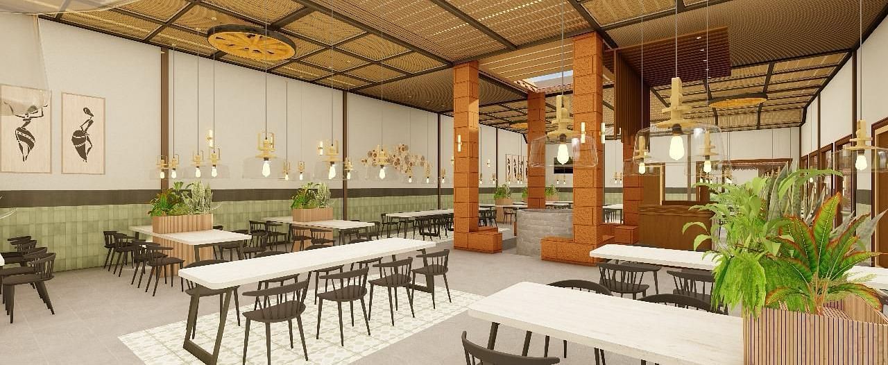 Interior view of a dining area with tables and chairs under a high ceiling | Ayana Resorts & Convention, Hyderabad