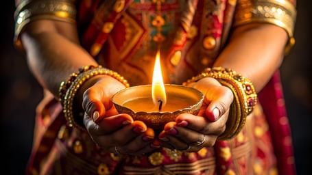 A close-up of a person's hands adorned with gold bangles and a traditional sari, gently cupping and holding a small, lit diya .