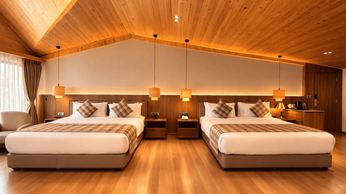 A hotel room with two beds side-by-side, featuring a wooden gabled ceiling and hanging bedside pendant lights | Pride Premier Darjeeling