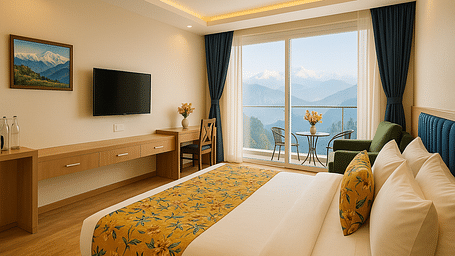 Side view of King Executive View Room With Balcony featuring a cosy bed, wall-mounted TV, and a large window at Summit Norling Resort & Spa, Gangtok