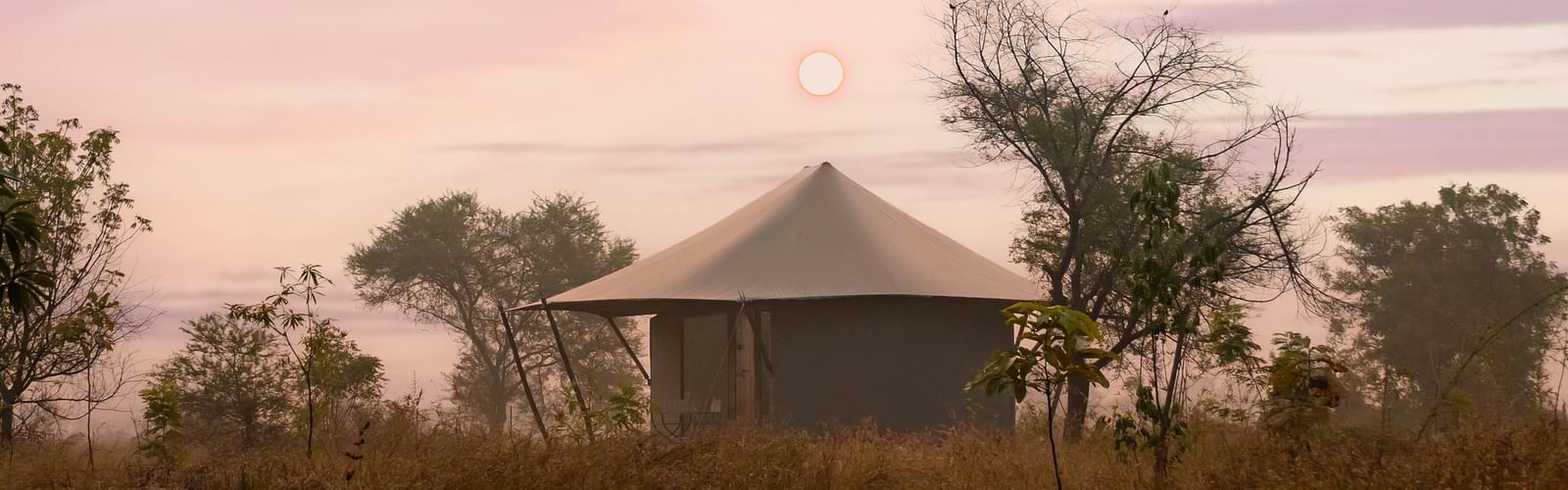 View of a hut during dusk amongst greenery at Trees N Tigers, Tadoba.