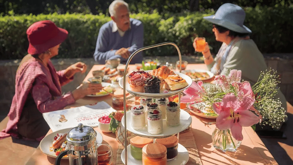 A group of people in a high tea setup outdoors with a tiered tray, flowers, and teapots on the table at Karma Chalets.
