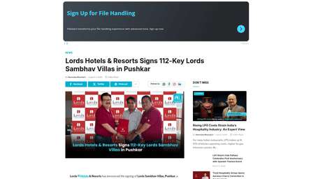 An article by Hotelier Buzz showcasing Lords Hotels & Resorts signs 112-room property in Pushkar.