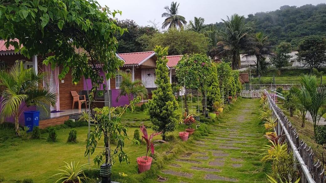 Green garden resort with pathways and flowering plants.