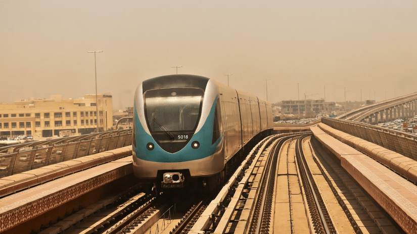 Delhi Metro train on elevated track, offering easy connectivity to Cosy Grand @Chanakyapuri by The Cosy Hotels