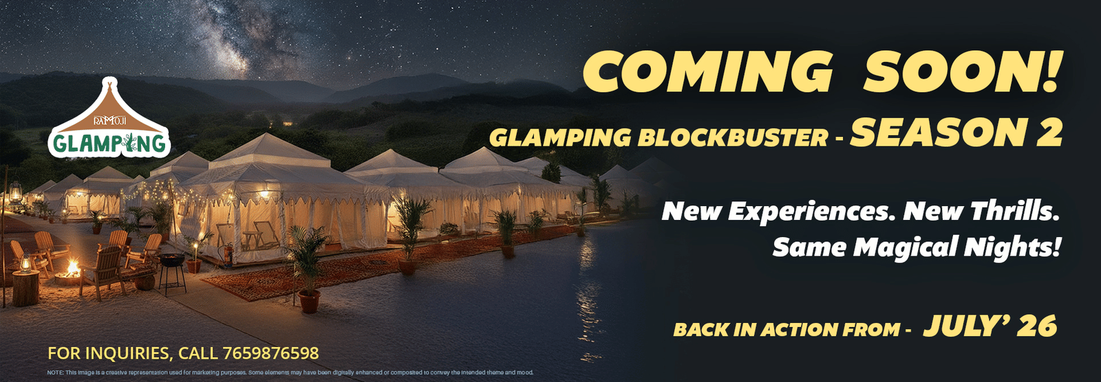 Promotional banner for Glamping Blockbuster Season 2 showing illuminated tents under a starry mountain night sky with event details and contact information.