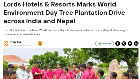 A news clipping about Lords Hotels planting a tree in India and Nepal with three men participating - Lords Hotels & Resorts