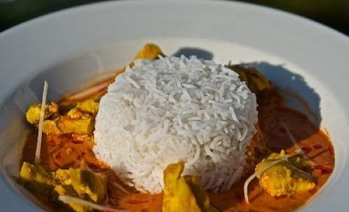 Plate of white rice and curry with vegetables, placed outdoors with blurred background | A Stone's Throw Away