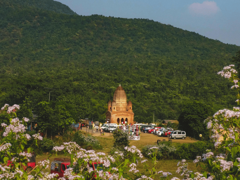 a temple visible over flowers with cars around with a hill in the background.
