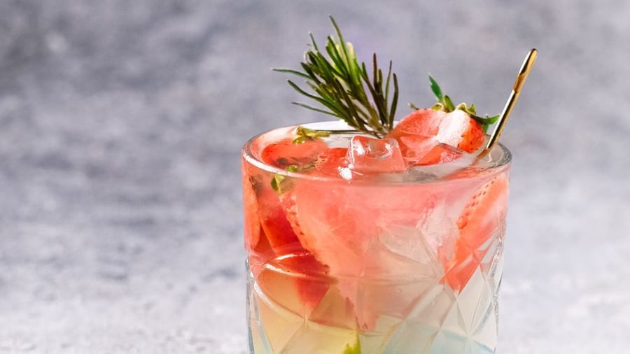A glass of Rosemary Strawberry Cooler | Mango Hill, Pondicherry