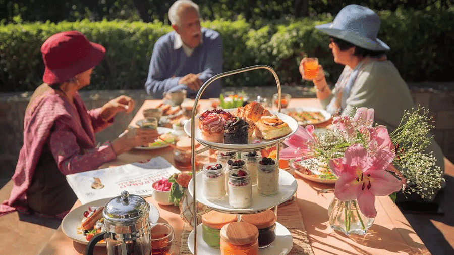 A group of people in a high tea setup outdoors with a tiered tray, flowers, and teapots on the table at Karma Chalets.