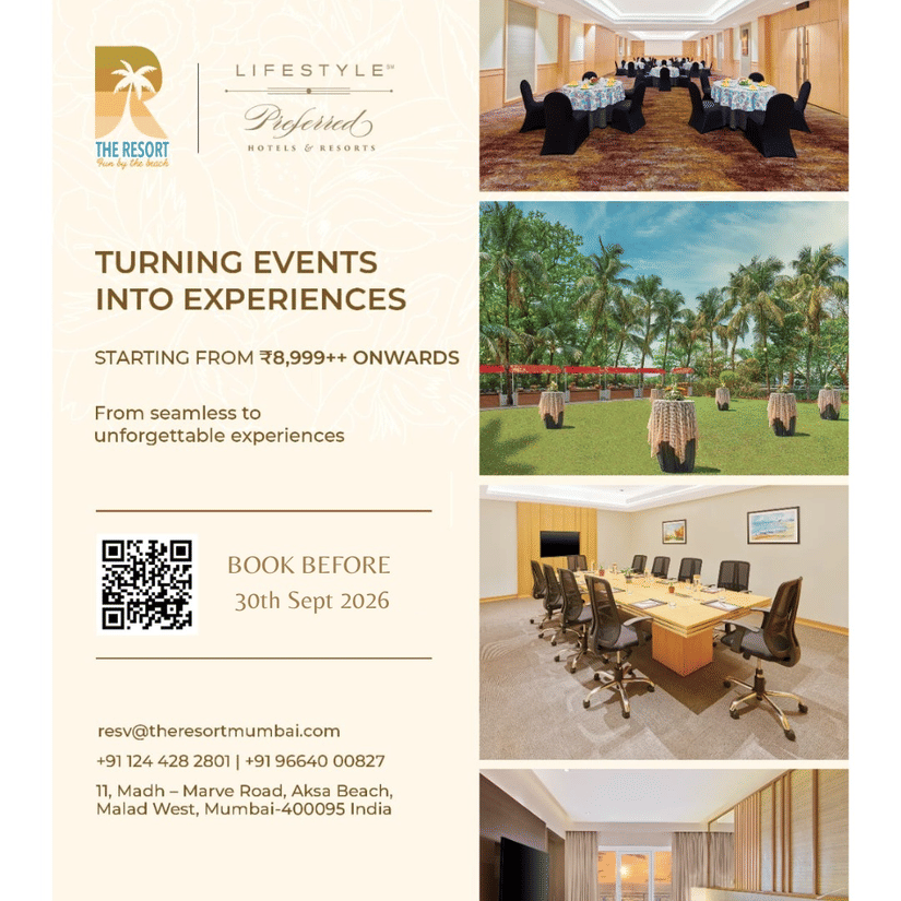 Promotional banner for The Resort Mumbai featuring a banquet hall with round table setup, an outdoor lawn event space, a boardroom meeting room, and a guest room. Text highlights event packages starting from INR 8,999++ onwards and booking before 30th Sept