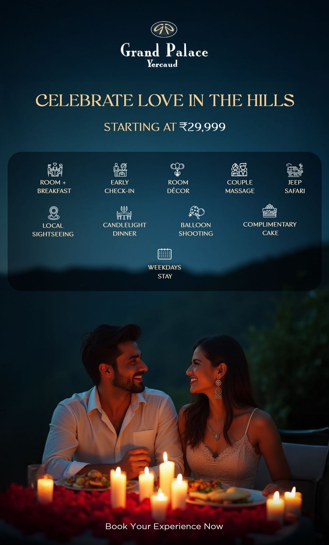 A couple sharing a romantic candlelit dinner by a lake, highlighting Grand Palace Hotels celebrate love in the hills package