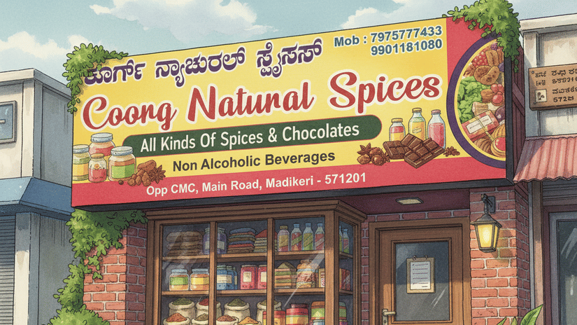 Front facade of Coorg Natural Spices shop in Madikeri, a trusted place to buy pure Coorg honey.