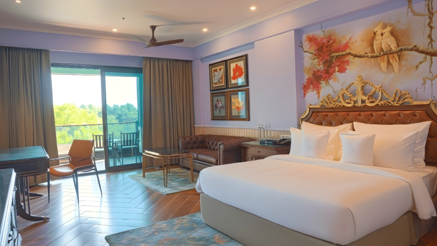 A modern room with a king size bed, wall artwork, ceiling fan, seating by the large windows and wooden flooring at MAYFAIR Bay Resort, Paradeep.