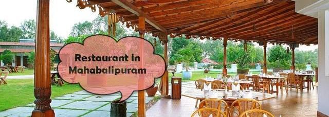 An open-air restaurant with a tiled roof, chairs, tables with napkins and plates and the text 'Restaurants in Mahabalipuram' in the image.