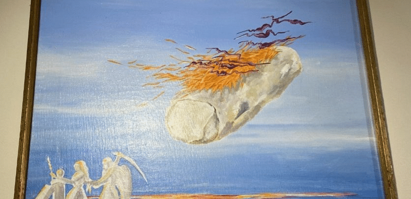 A framed painting on a wall depicting a surreal scene with figures and a floating object against a sky background.