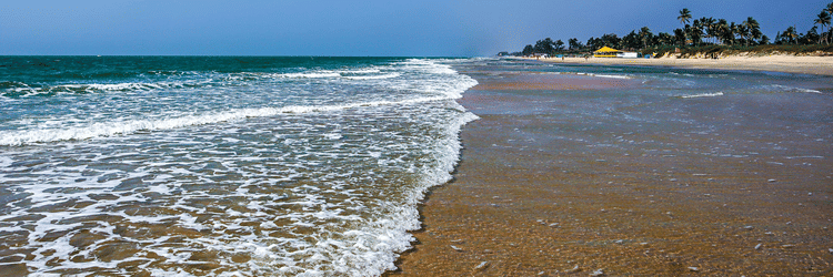 A view of Varca Beach, one of the most popular beaches in South Goa, with the foamy waves crashing on the shoreline with trees in the distance and blue sky above.