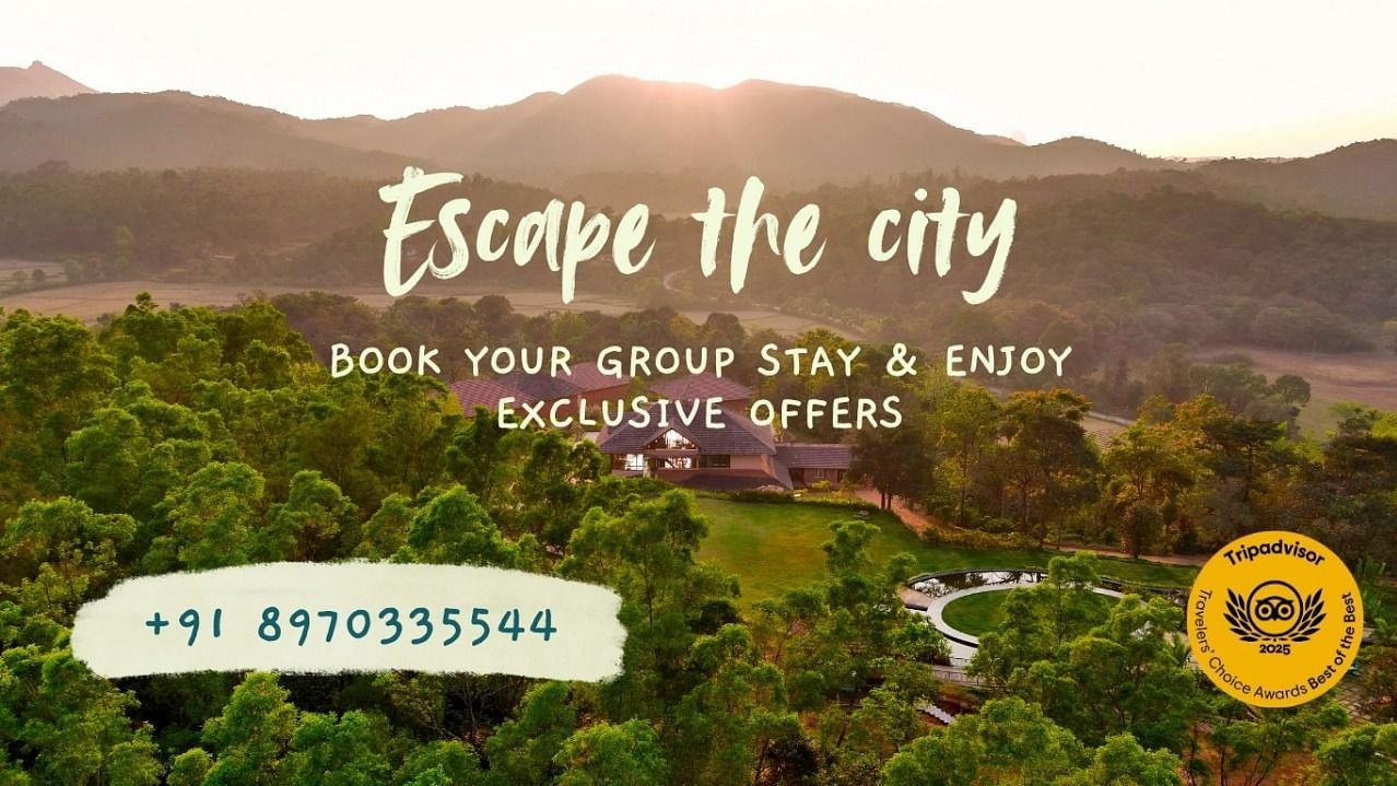Promotional image for Escape the City featuring a scenic view of a lush green landscape and rolling hills during sunset. The text highlights a group stay offer with exclusive benefits, along with a contact number and a gold badge indicating group booking p