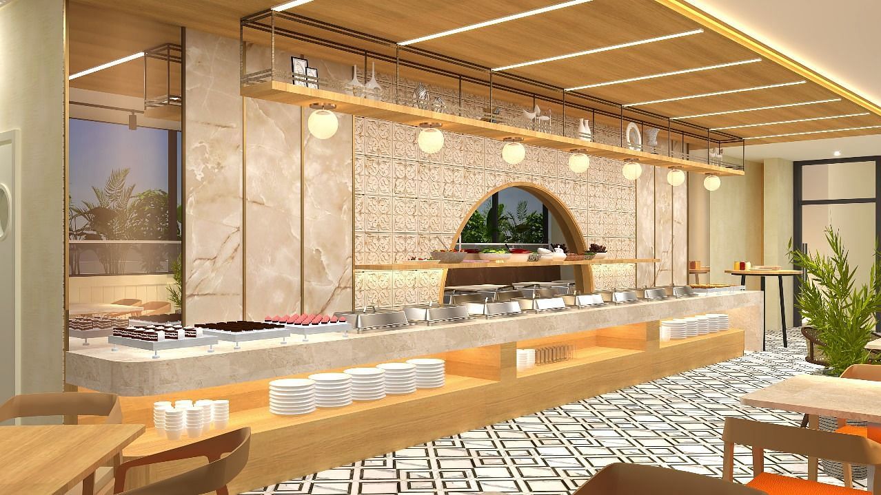 The buffet area in view with cutlery and lights above it - Livancia The Sojourn, Bangalore