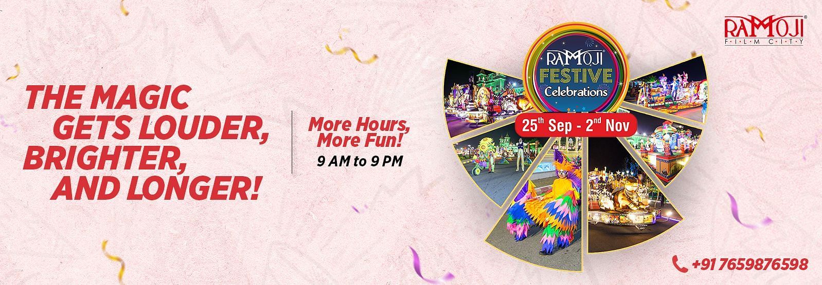 Super Paradise event banner at Ramoji Film City showcasing colorful attractions and entertainment from 30th September to 7th November