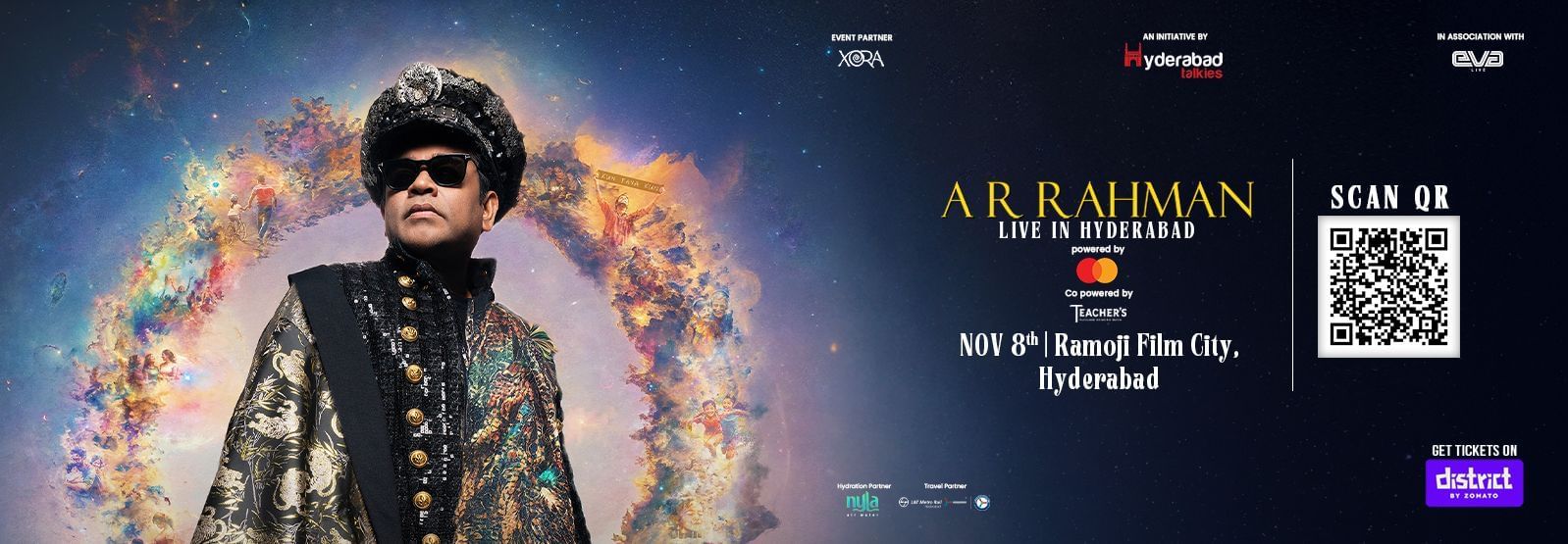 Promotional banner for A.R. Rahman Live in Hyderabad concert. The event will be held on November 8th at Ramoji Film City.