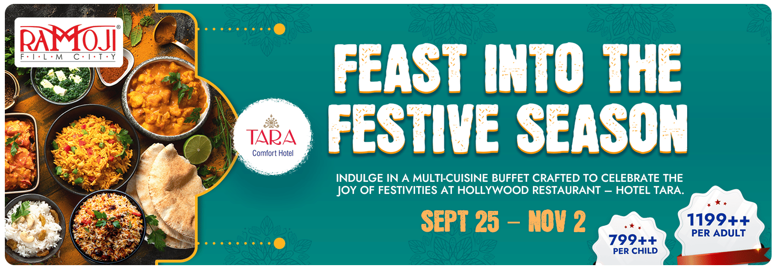 A promotional banner advertising a FEAST INTO THE FESTIVE SEASON special thali. The banner shows a vibrant spread of Indian food and highlights the offer period and price.