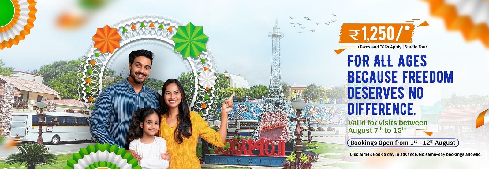 Family of four in front of an Independence Day-themed backdrop with the message – ?1250 for all ages because freedom deserves no difference.