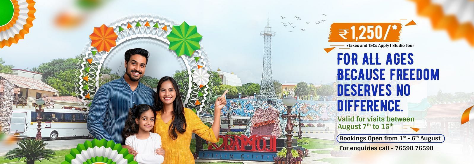 RFC IND OBanner showing a family posing at Ramoji Film City with Independence Day-themed decorations. Text highlights a ?1250 offer for all age groupsFFER BANNER 01 B