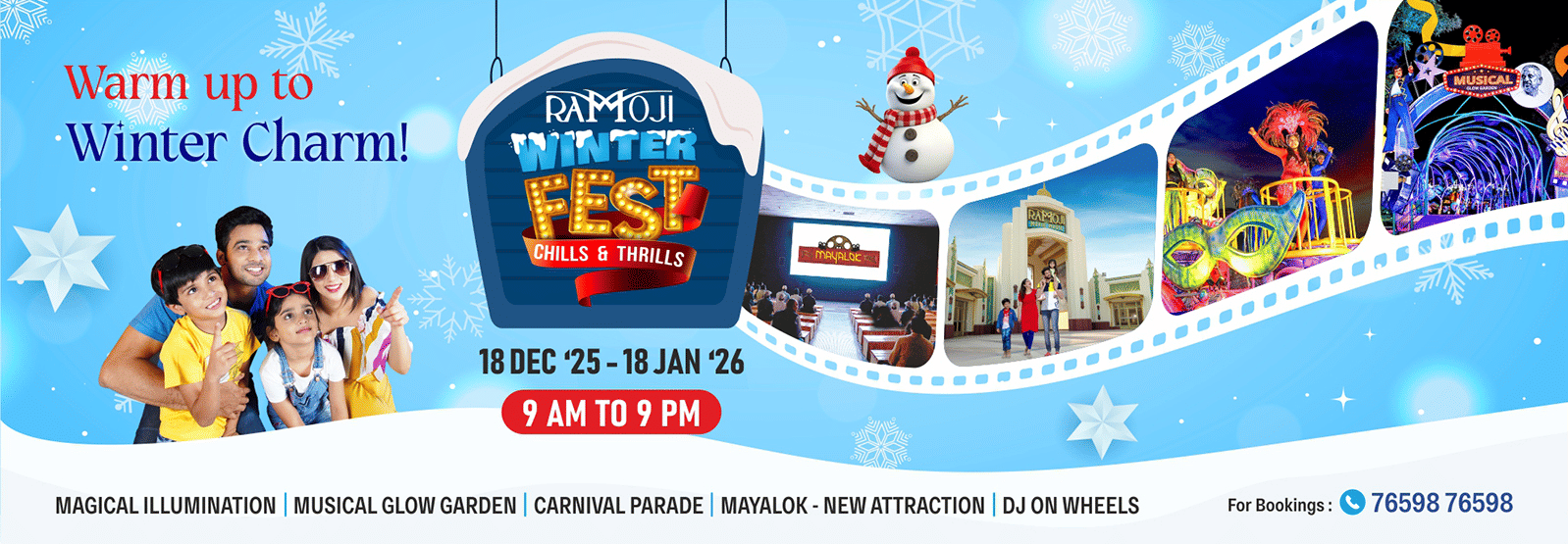 Winter Fest banner featuring a cheerful family, a snowman, winter themed graphics, amusement park rides, and Mayalok on the screen. The banner displays event dates from December 15 to January 15, with timings from 11 AM to 10 PM, set against a blue snowy b