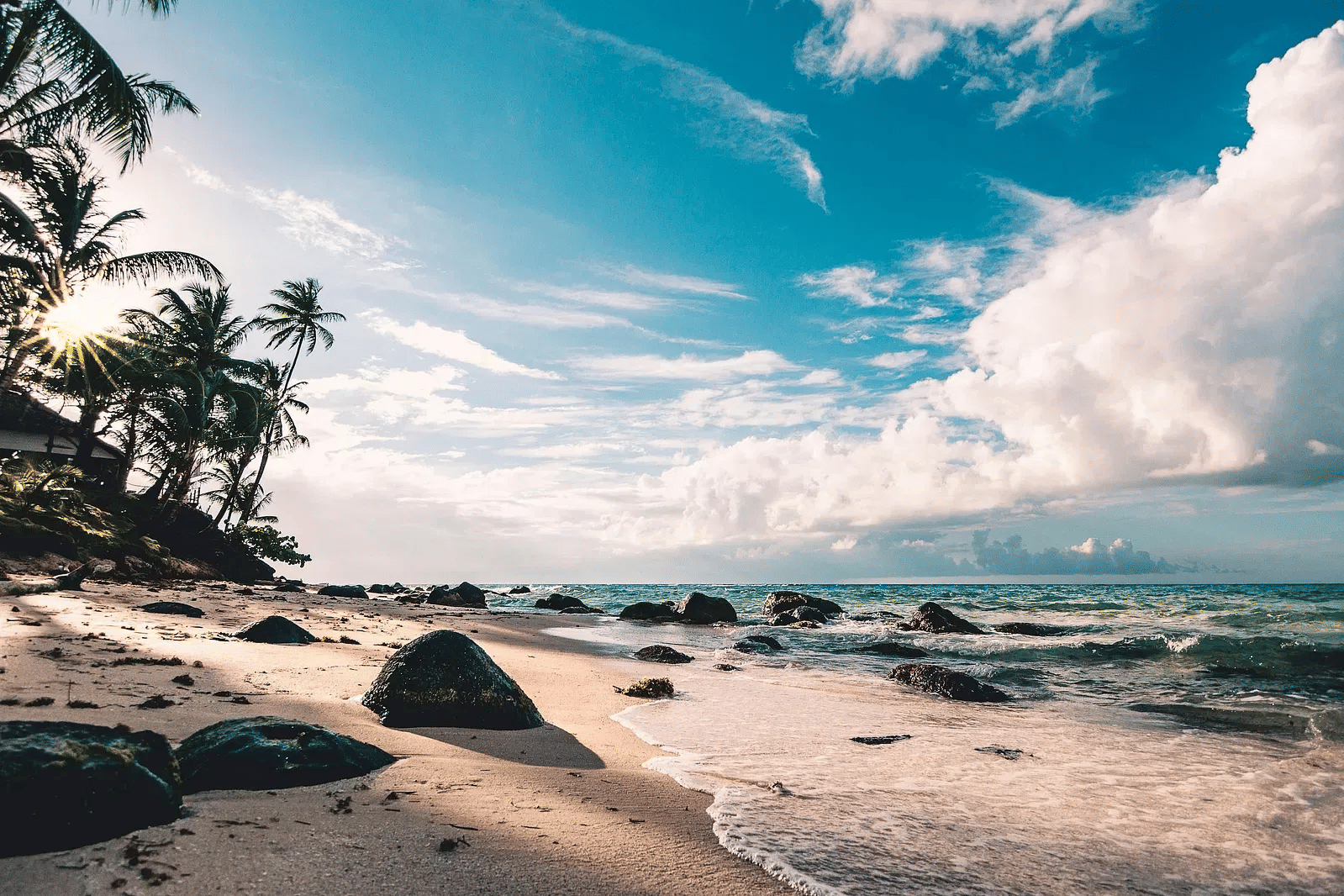 A beautiful beach under partly clouded blue sky surrounded by palm trees and beach rocks.