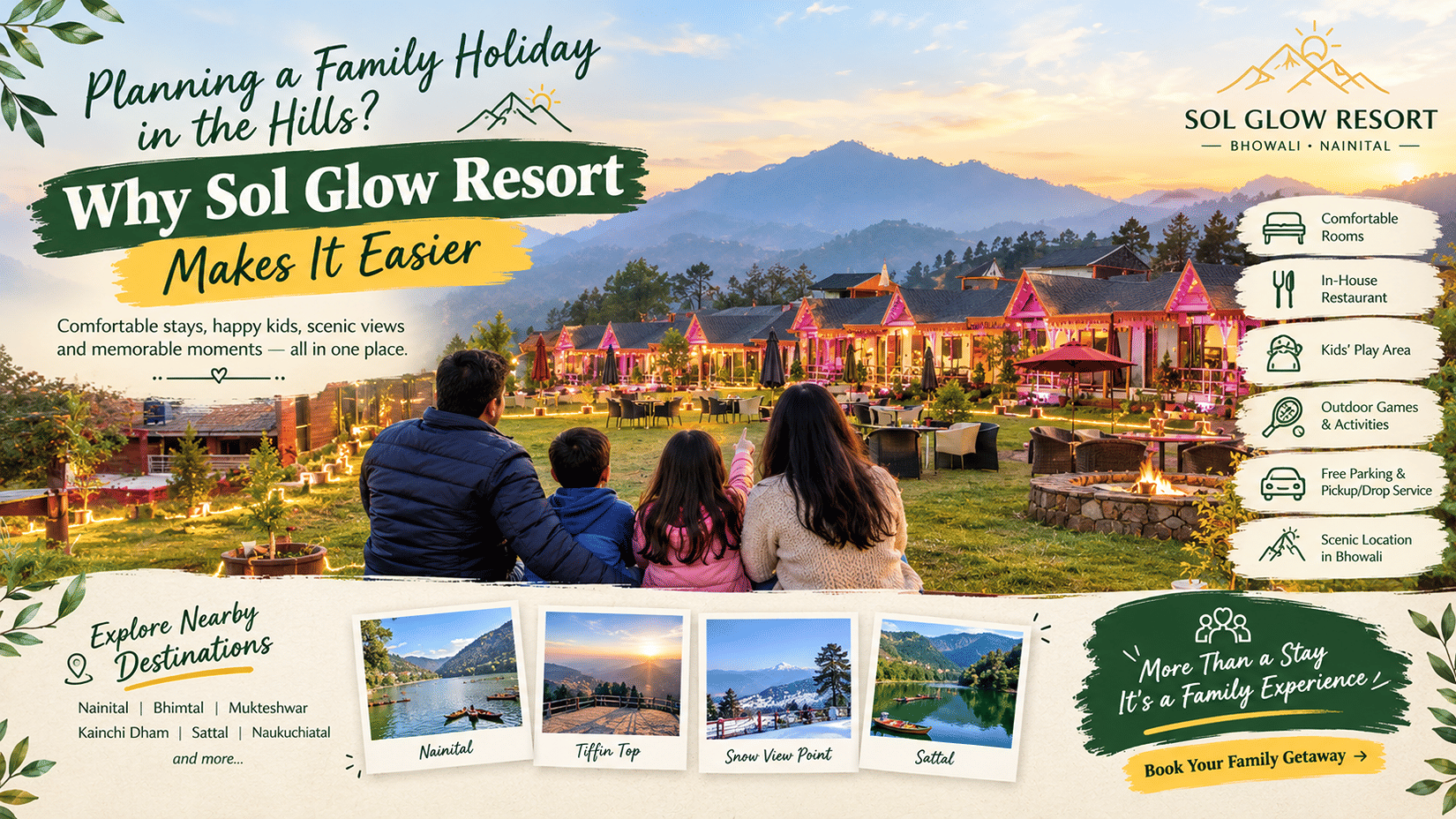 A promotional banner for Sol Glow Resort – Bhowali, Nainital. The main visual shows a back-facing view of a family of four sitting on a green lawn at sunset, looking toward illuminated resort cottages and mountain scenery. 