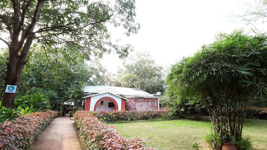 Resort Entrance - Sajan - pathway lined by well groomed pink flowers leading upto the entrance of the resort, with plenty of trees in sight.