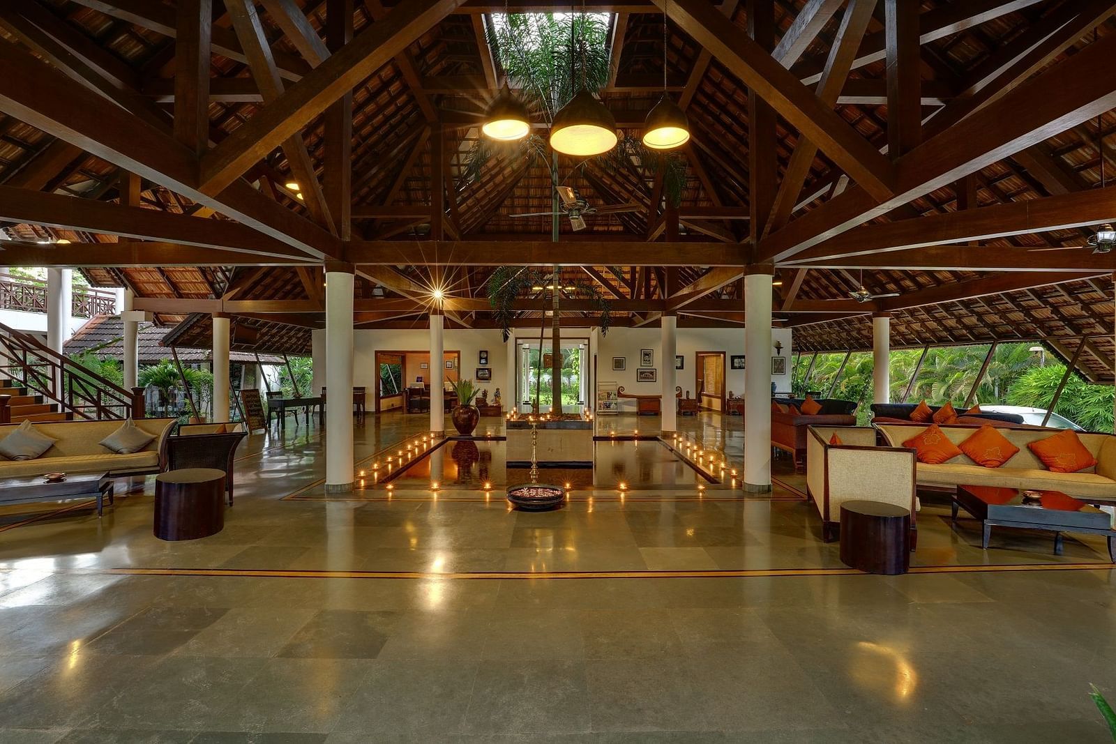 an overview of Lobby of Rhythm Kumarakom with seating arrangements in view.