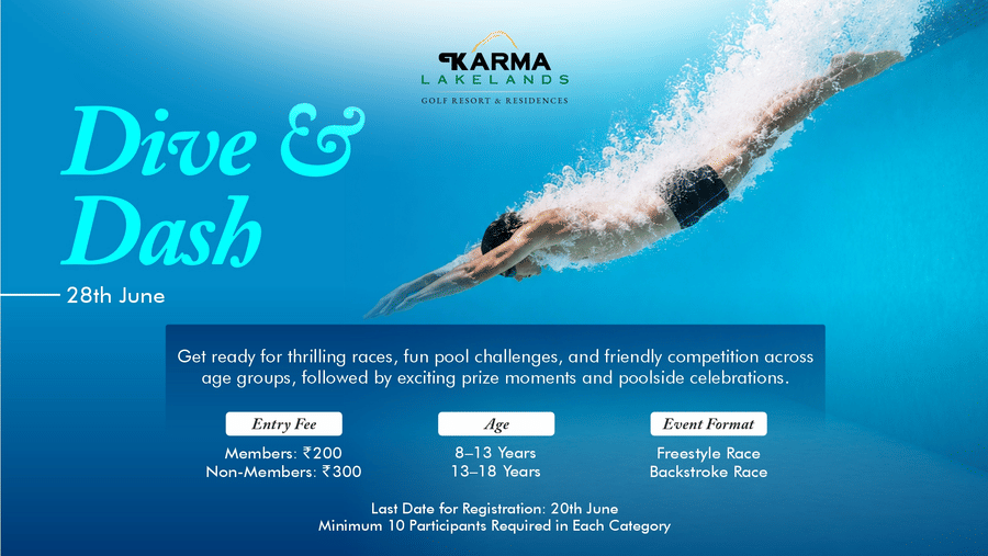 A promotional poster featuring a swimmer gliding underwater in a swimming pool, advertising Dive & Dash, a 25m freestyle swimming challenge at Karma Lakelands with poolside dining, beverages, and exciting prizes.