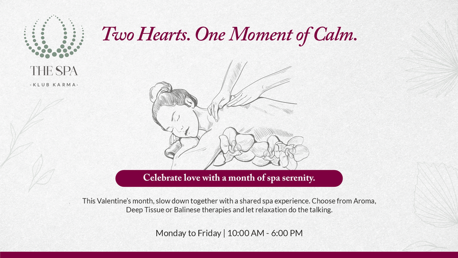 A minimal spa-themed promotional banner with Two Hearts, One Moment of Calm text and elegant line art of a woman in a serene setting at Karma Lakelands.