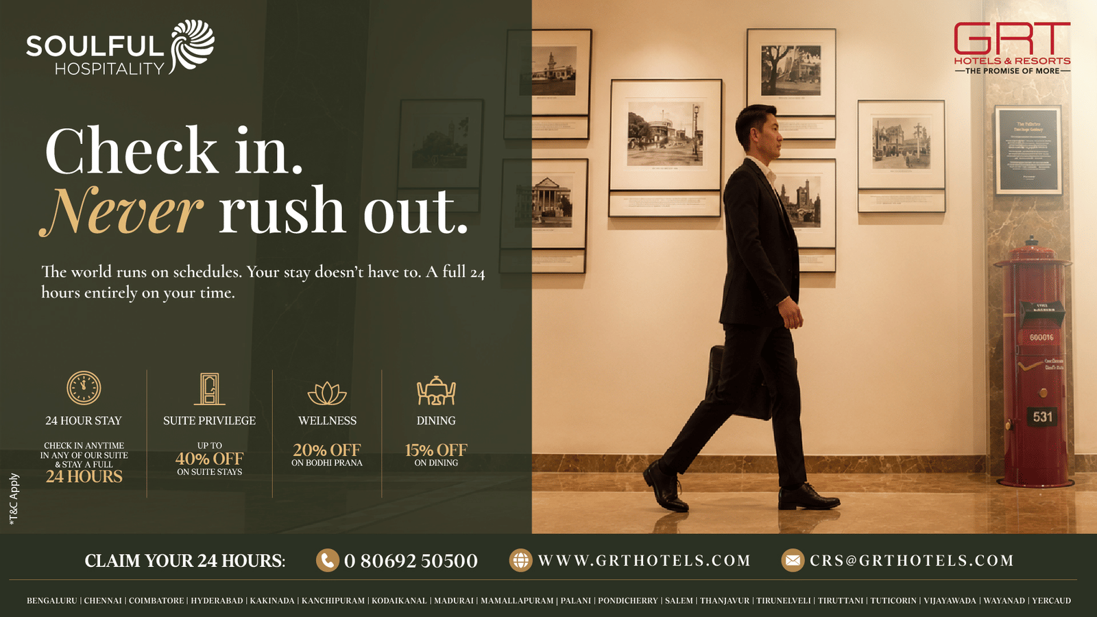 Promotional creative featuring the Soulful Hospitality offer by GRT Hotels and Resorts.