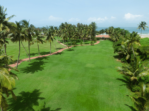 An aerial view of the sprawling green lawns at Kenilworth Resort & Spa, Goa, with a brick-paved pathway winding through palm trees towards the resort.