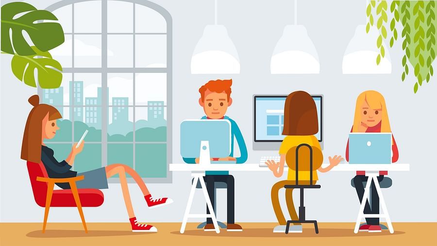 An animated image of co-working space featuring people working indoor near the window
