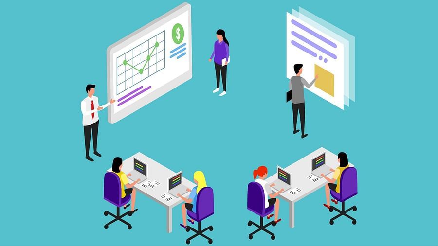 An animated image of co-working space featuring people working and presenting
